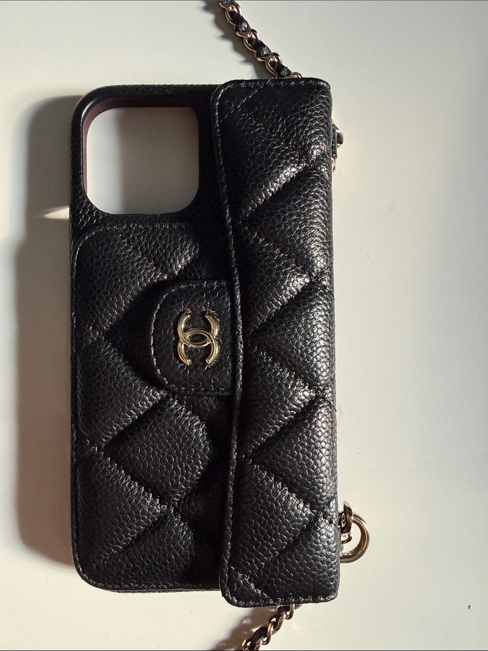 CHANEL Black Quilted Leather Chain Wallet Phone Case with Gold Logo